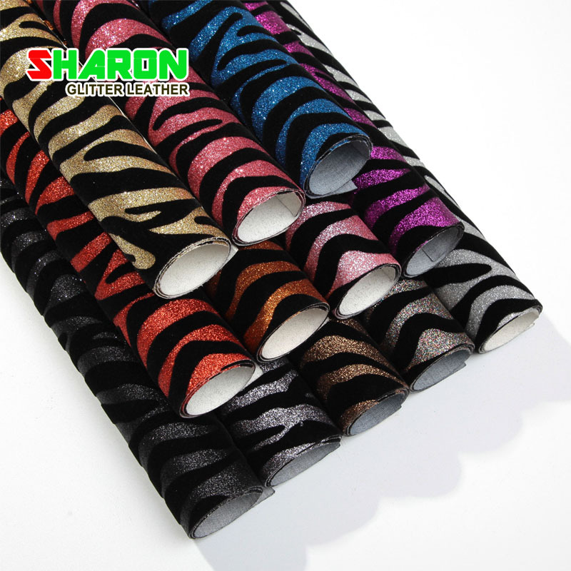 SR18068 植绒款斑马纹金葱闪粉128格利特手机壳箱包装饰皮革面料