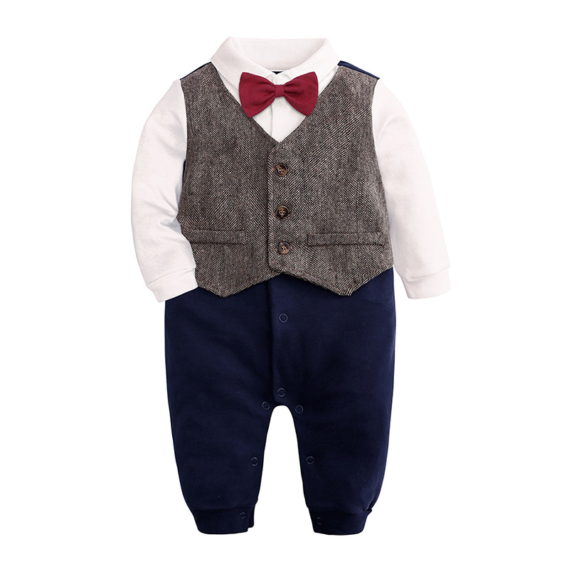 Spring and autumn baby long-sleeved romper baby boy's one-year-old dress bow tie gentleman infant jumpsuit romper wholesale