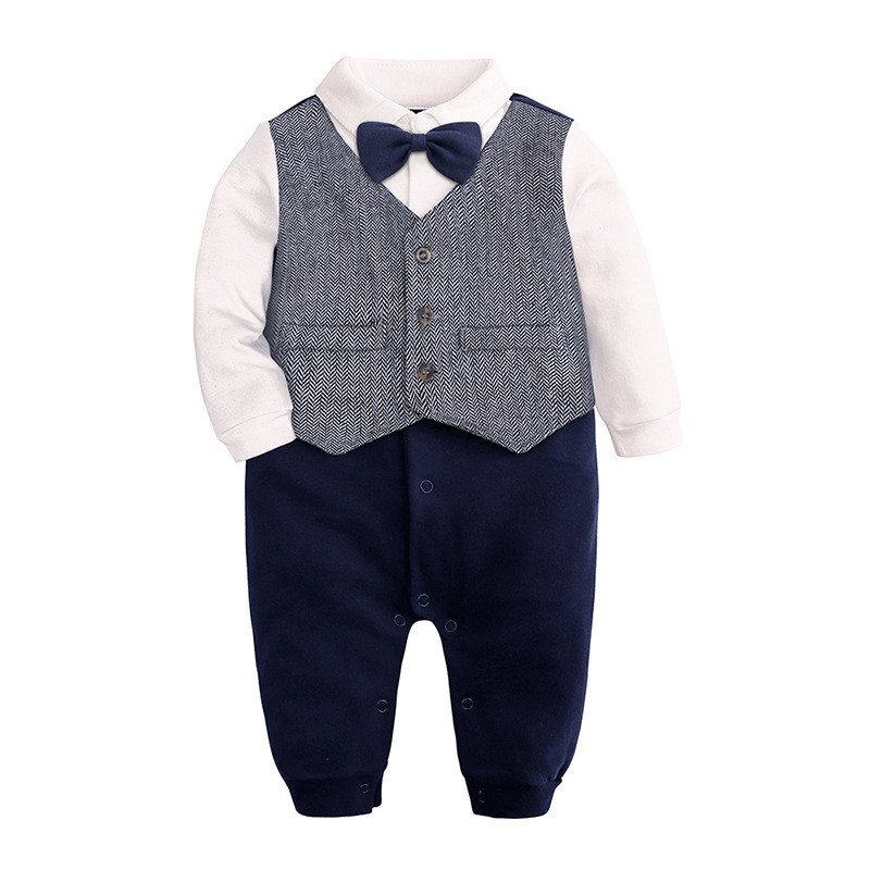 Spring and autumn baby long-sleeved romper baby boy's one-year-old dress bow tie gentleman infant jumpsuit romper wholesale