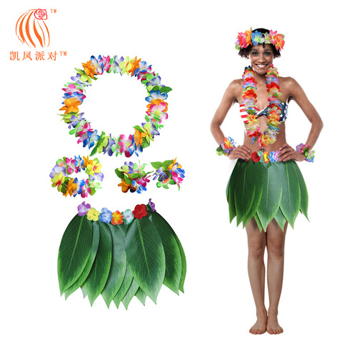 Kai Feng Party Children Adult Hawaiian Leaf Skirt Festival Stage Garland Grass Skirt Combination Suit Dress Up Costume