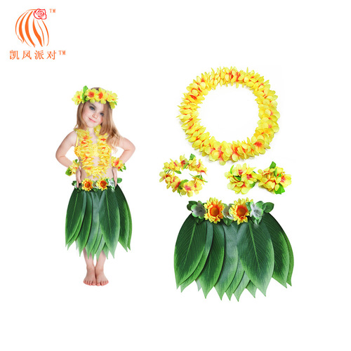 Kai Feng Party Children Adult Hawaiian Leaf Skirt Festival Stage Garland Grass Skirt Combination Suit Dress Up Costume