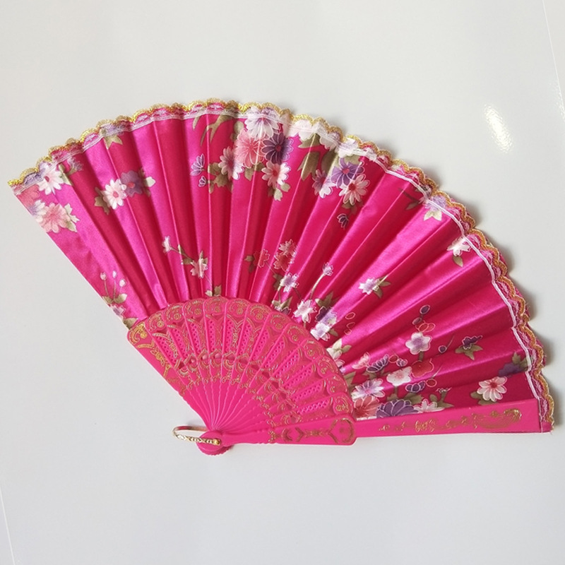 Hay en stock transfronterizo de plástico de hueso pequeño borde de encaje ventilador plegable ventilador de satén ventilador de la danza 8 colores opcionales