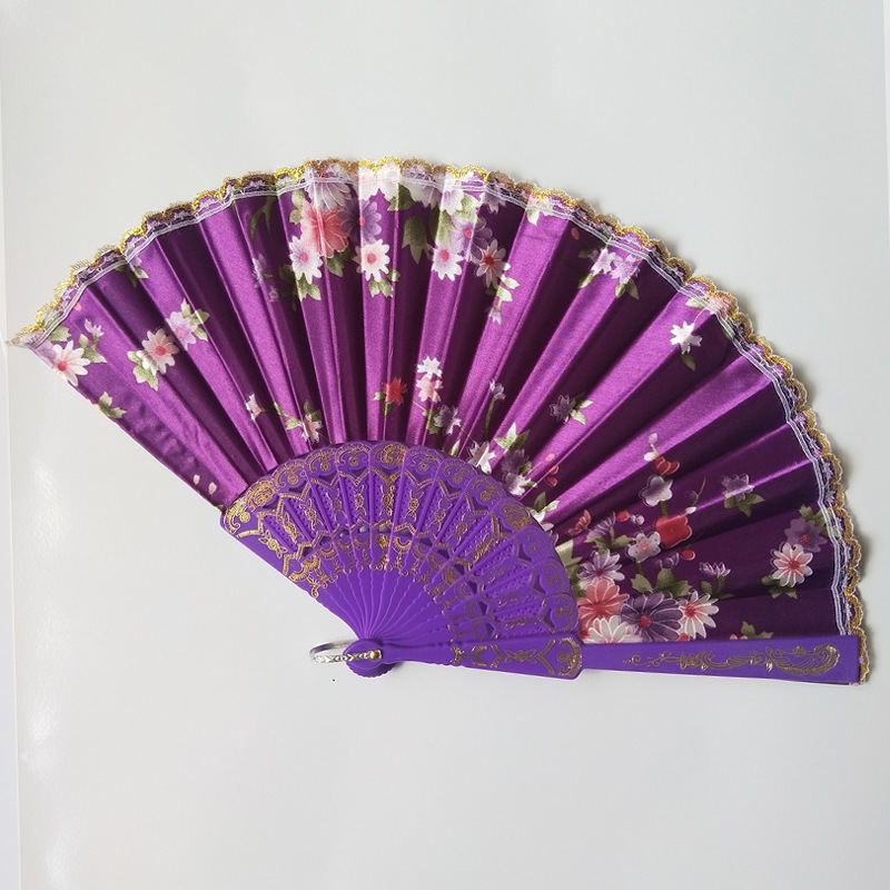 En stock ventilador de fractura de plástico transfronterizo estilo chino ventilador de tela de satén Yongchun danza ventilador plegable ventilador de encaje