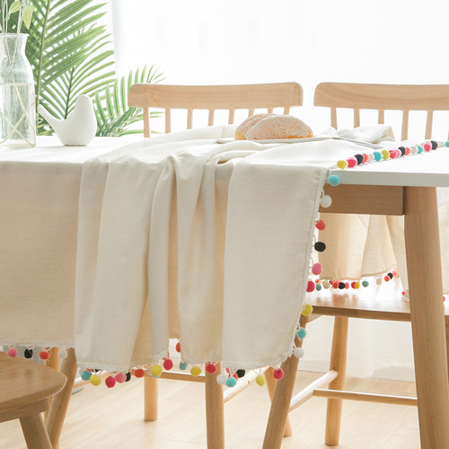 Colorful wool ball natural plain cotton and linen tablecloth cover white tablecloth dustproof coffee table cover drop shipping