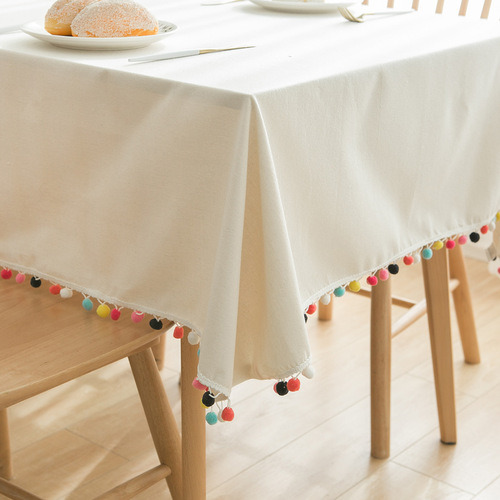 Colorful wool ball natural plain cotton and linen tablecloth cover white tablecloth dustproof coffee table cover drop shipping