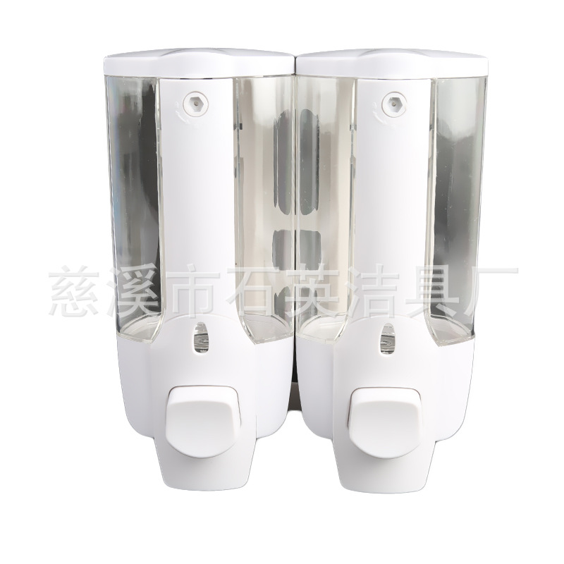 Dispensador de jabón de gel de ducha doble blanco con botón pulsador, máquina manual para lavarse las manos, dispensador de jabón manual doble al por mayor