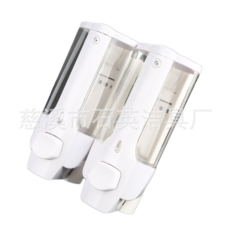 Dispensador de jabón de gel de ducha doble blanco con botón pulsador, máquina manual para lavarse las manos, dispensador de jabón manual doble al por mayor