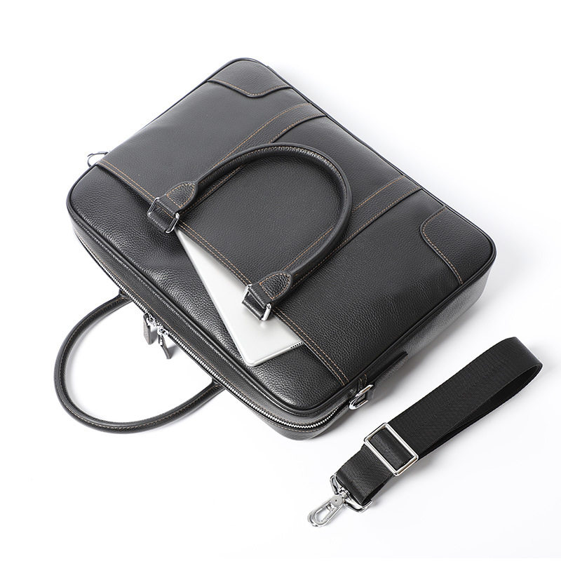 Túi xách công sở nam da bò thật dạng ngang đựng laptop 14 inch 39×28×8 cm — Màu đen dây nâu, Màu đen đường đen