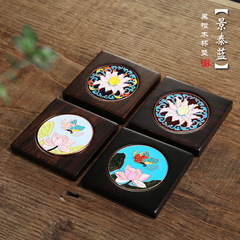 [Cloisonne Coaster] Ebony Solid Wood Kung Fu Tea Enamel Coaster Alloy Anti-scalding Tea Ceremony Parts Sauce