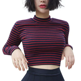 韩版chic百搭经典条纹显瘦短款露脐修身半高领长袖T恤上衣女