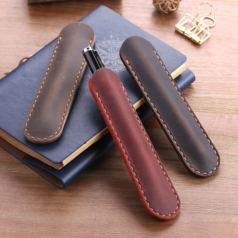 Retro Crazy Horse Leather Pen Case Purely Handmade Personalized Pen Protective Case Wholesale Customized Leather Pen Case
