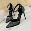 283-16 Korean version Sweet High Heels Slim Heels High Heels Shallow Notched Pointed Hollow Out One Line With Shiny Rhin