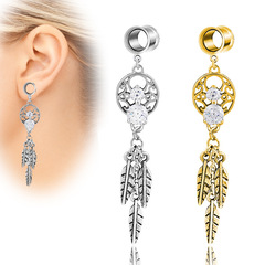 Amazon New Arrival Pendant Inner-Threaded Dual-Horn Ear Expanders, Retro "Chasing Dreams" Tassel Ear Expanders with Gold Zircon Earlobe Design