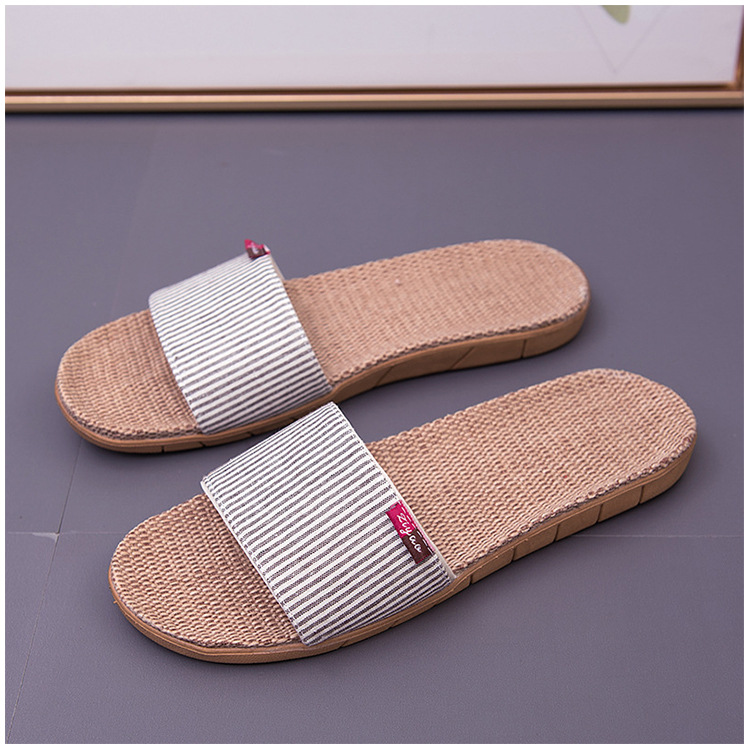 夏の室内の日本式のカップルのスリッパの蝶結びの亜麻のスリッパの滑り止めの縞の亜麻のスリッパの女性