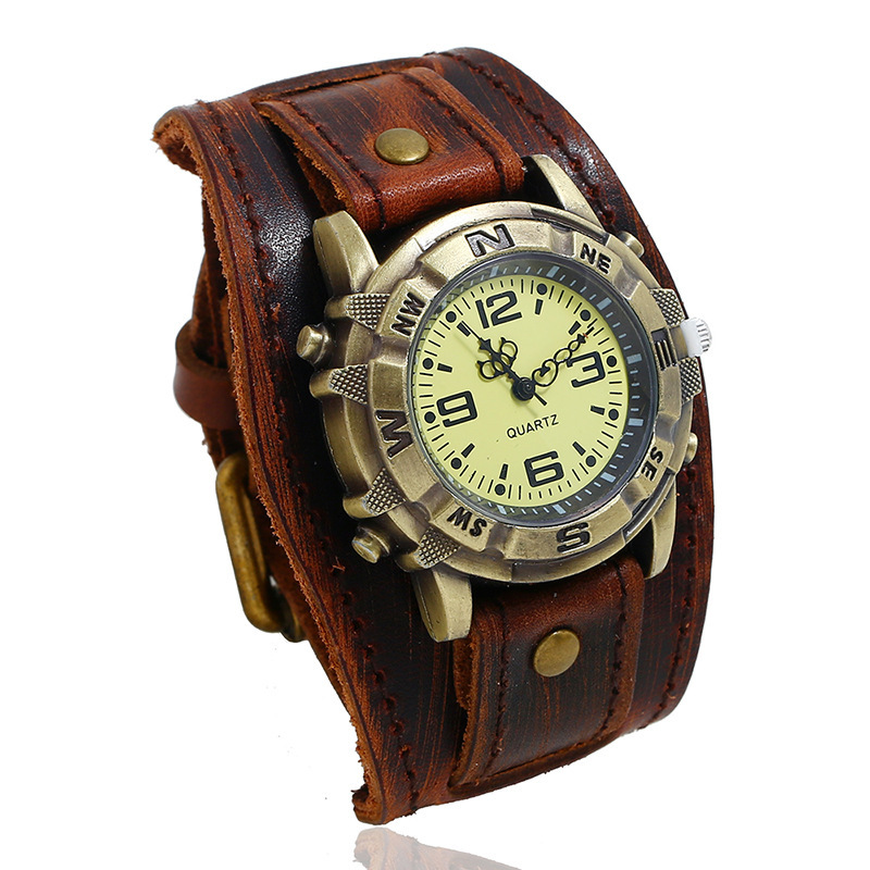 European and American cross-border jewelry PUNK vintage cowhide watch bracelet personalized trend PUNK hip hop leather bracelet