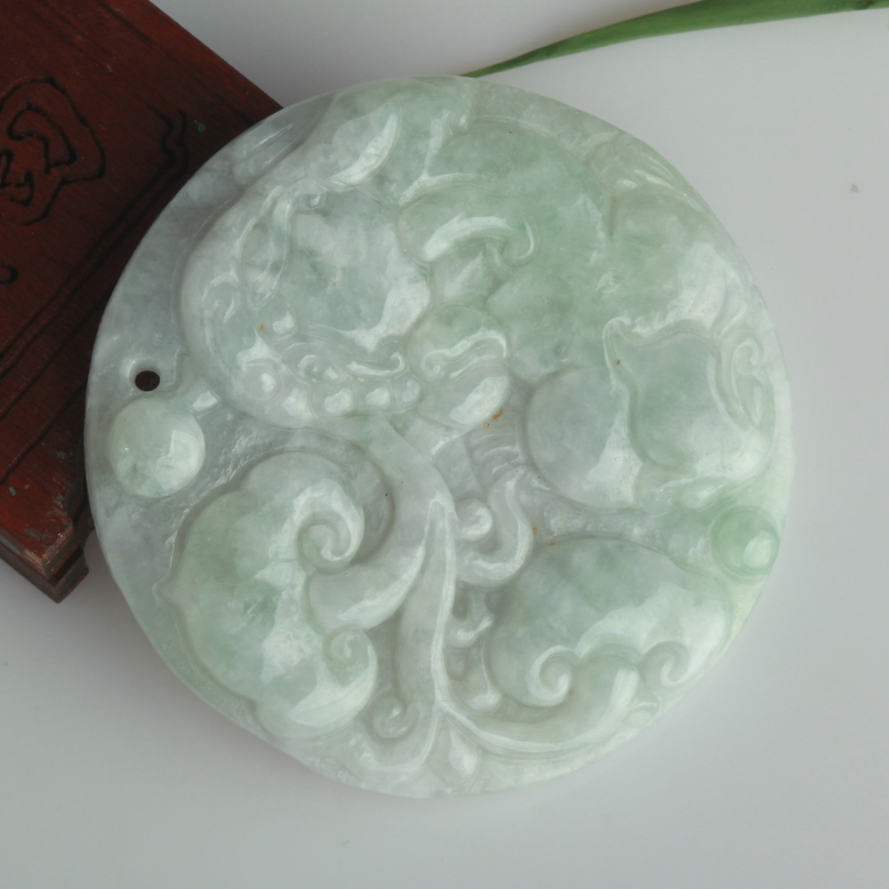 缅甸翡翠A货貔貅吊坠冰糯种圆形单面玉貔貅挂件玉器玉石批发|ms