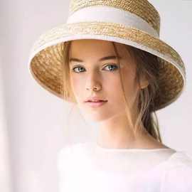 日本法式女白色包边复古麦秆钟型盆帽外贸小清晰遮阳度假沙滩草帽