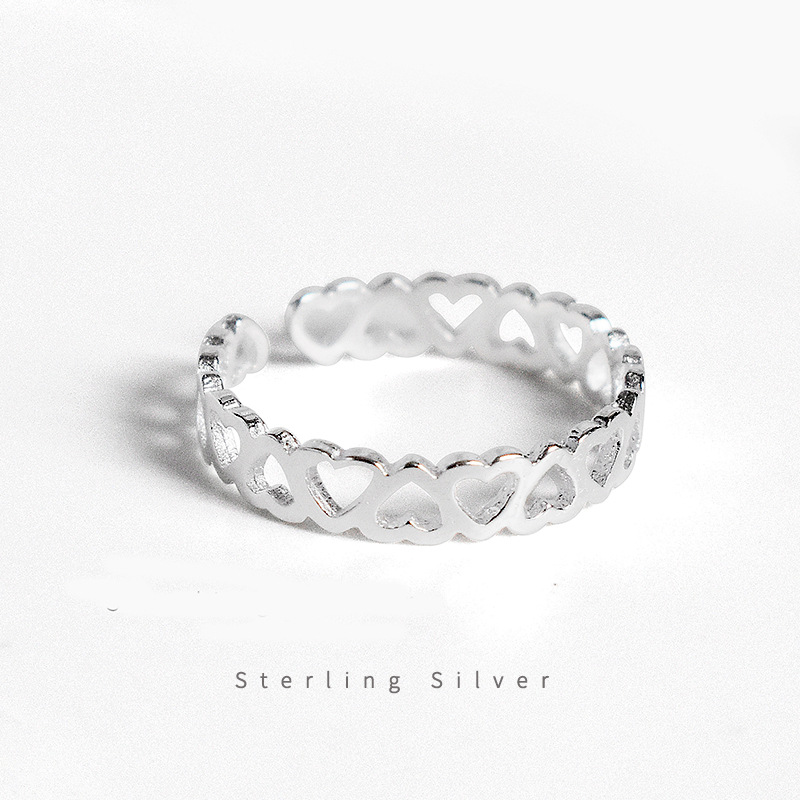 S925 Sterling Silver Heart-to-Heart Ring Korean-style INS Distinctive Simple Women's Hollow-out Heart Open Ring Tail Ring