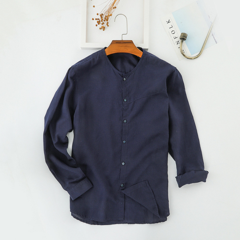Men's linen shirt casual Breathable linen men's cotton long sleeve round neck breathable broken size clearance B022