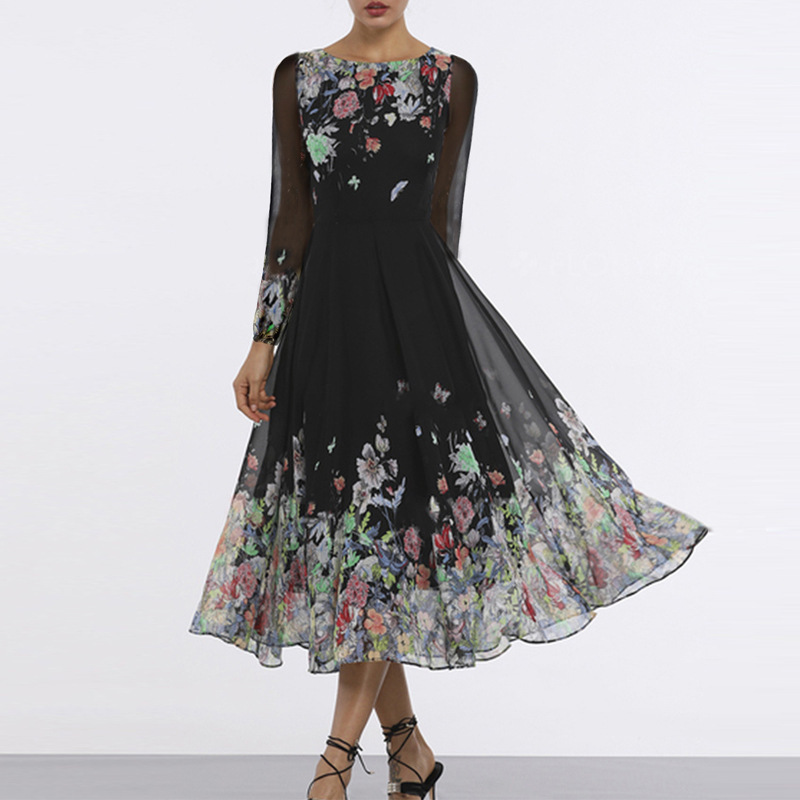 Vestido largo de manga larga con encaje y falda amplia con vuelo, estilo europeo y americano, con estampado sexy y calado, novedad de verano transfronteriza de 2025 para mujer.