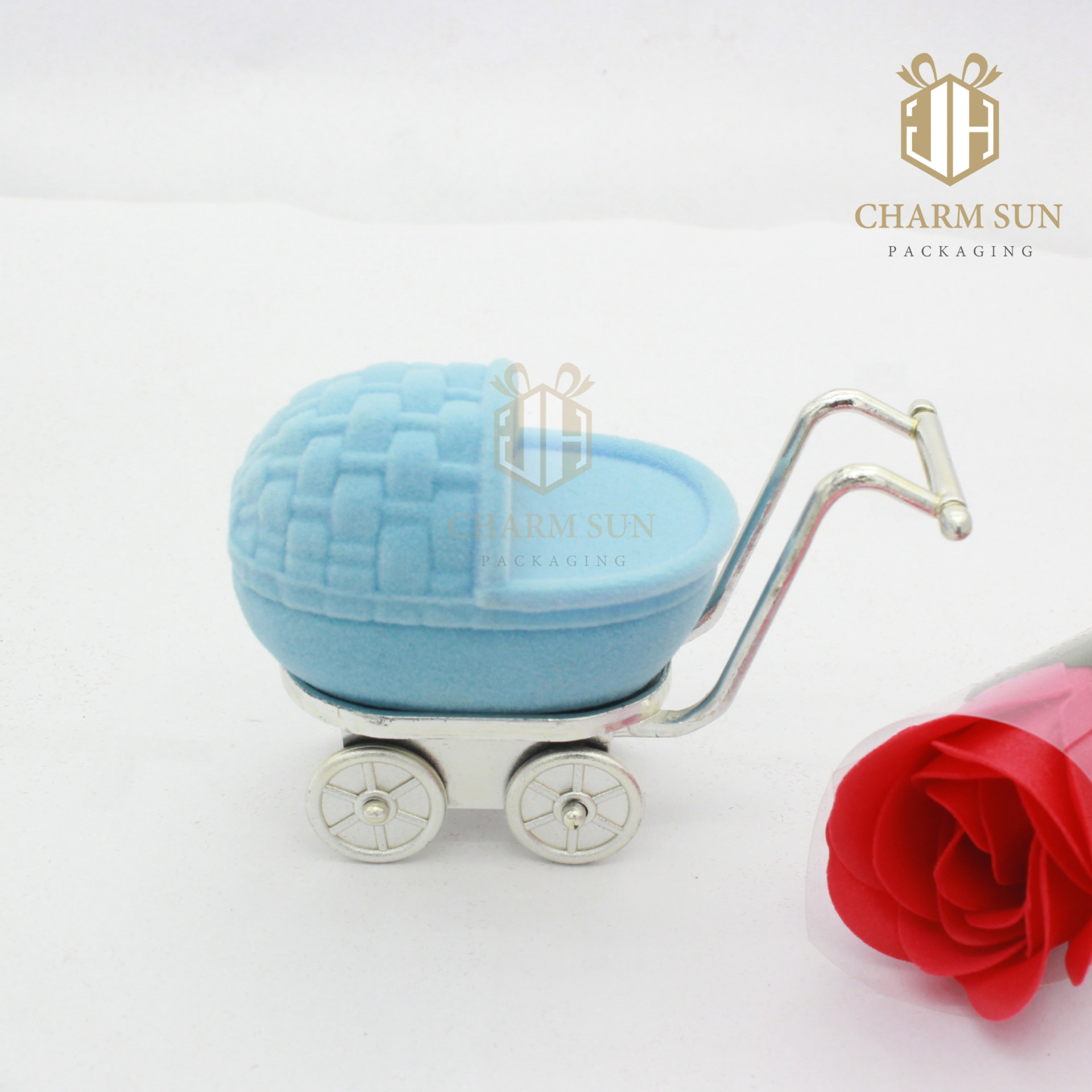 现货优惠婴儿车戒指盒项链耳钉植绒手推车首饰盒