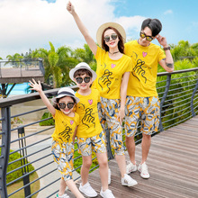 亲子装夏季2023新款短袖T恤休闲七分裤母女装套装全家装一件代发