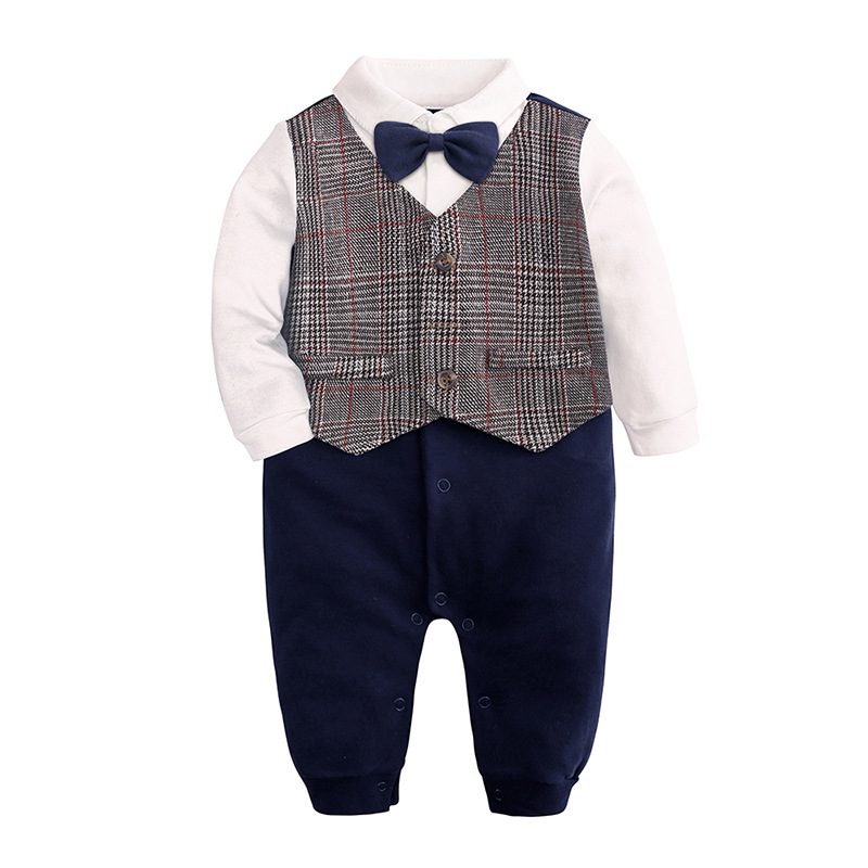 Spring and autumn baby long-sleeved romper baby boy's one-year-old dress bow tie gentleman infant jumpsuit romper wholesale
