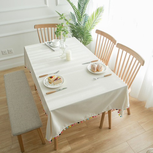 Colorful wool ball natural plain cotton and linen tablecloth cover white tablecloth dustproof coffee table cover drop shipping