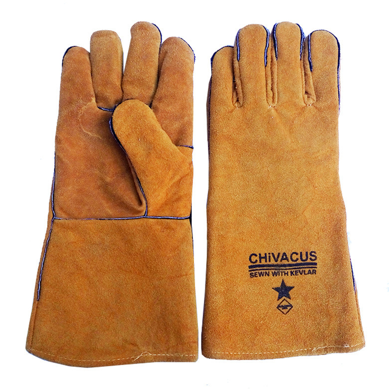 14寸长款黄二层牛皮大全掌电焊手套全牛皮耐高温氩弧焊气焊手套