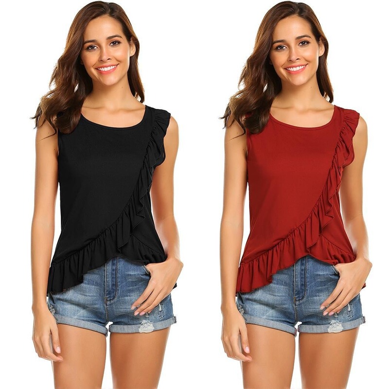 2026 Cross-Border Amazon New European and American Style Ruffled Round Neck Solid Color Slim Fit Women's Top T-Shirt