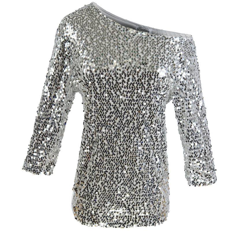 Women's One Shoulder Sequin Top, Short Sleeve Sparkly Party Blouse_voghion.com