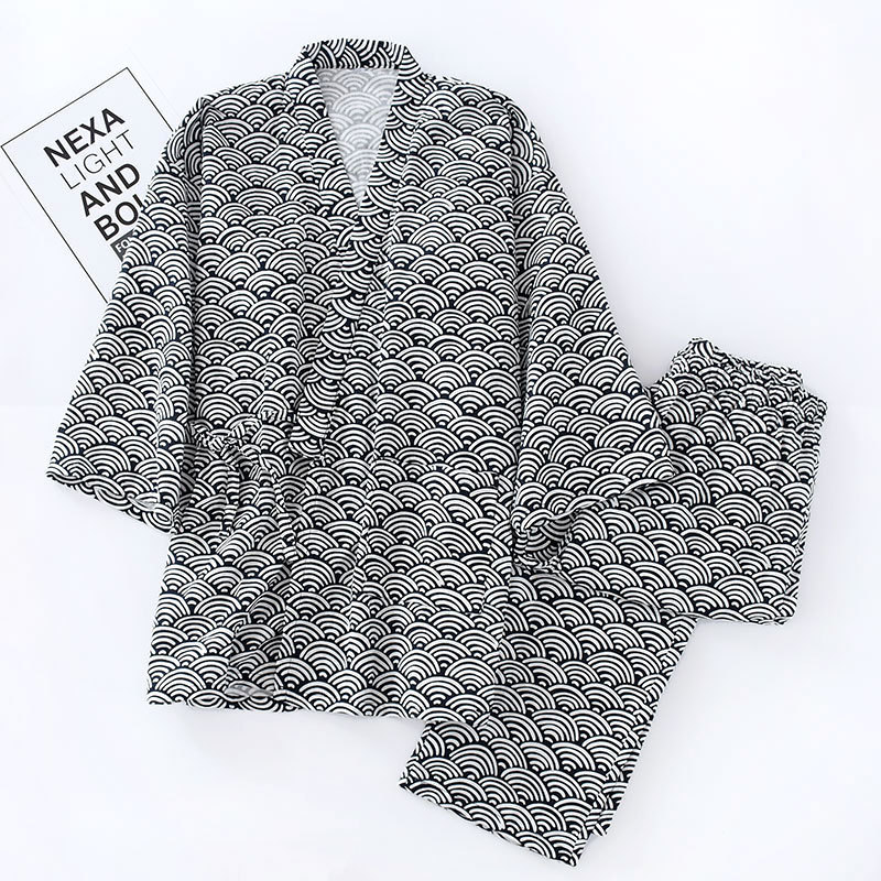 New Men's Summer Thin Long-Sleeved Pants Kimono Pajamas Yukata Pure Cotton Gauze Home Work Clothes Loose Large Size