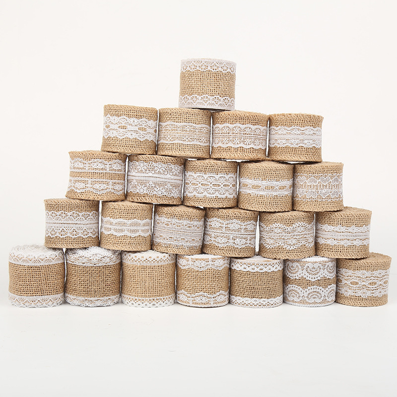 Rollo de lino de encaje DIY hecho a mano boda Navidad artesanía rollo de lino de encaje de lino cuerda de cáñamo