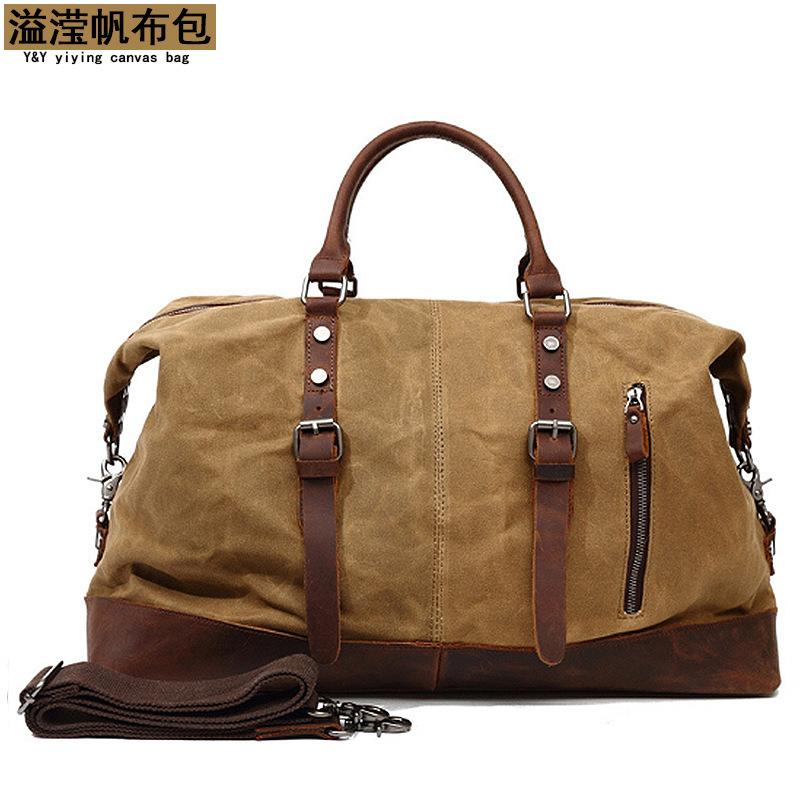 Classic waxed canvas travel bag European and American solid color outdoor shoulder luggage bag storage bag wear-resistant with Crazy Horse Leather