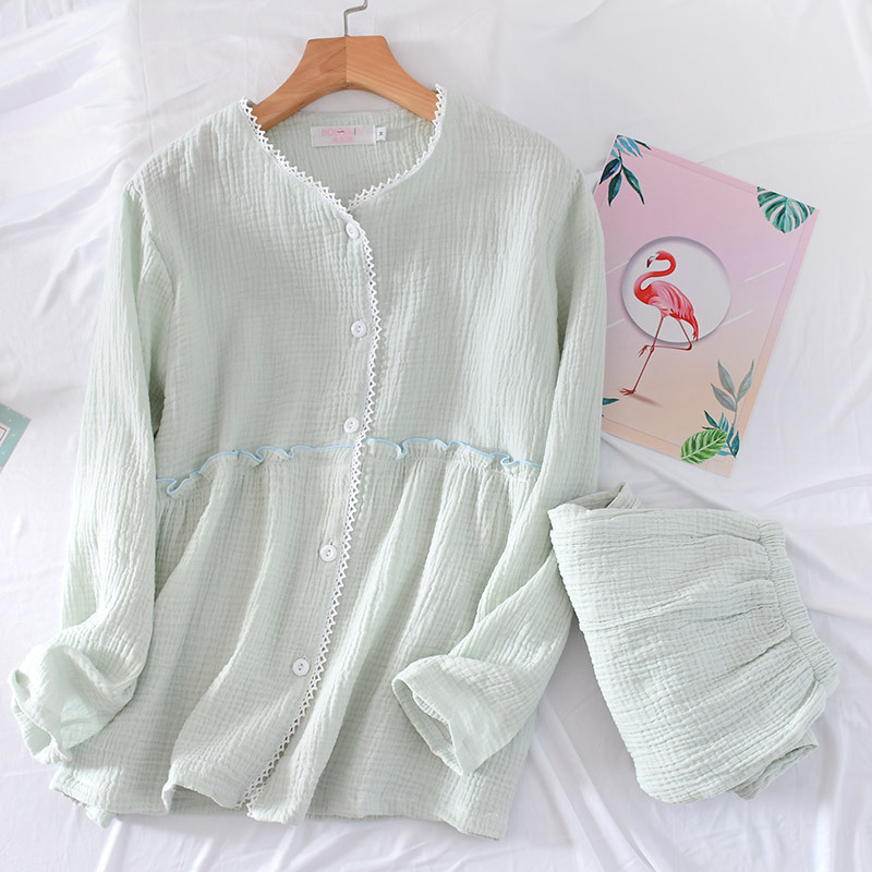 19 New Spring, Summer and Autumn Cotton Crepe Pajamas Set Women's V-Neck Lengthened Solid Color Korean-style Long-sleeved Home Clothes