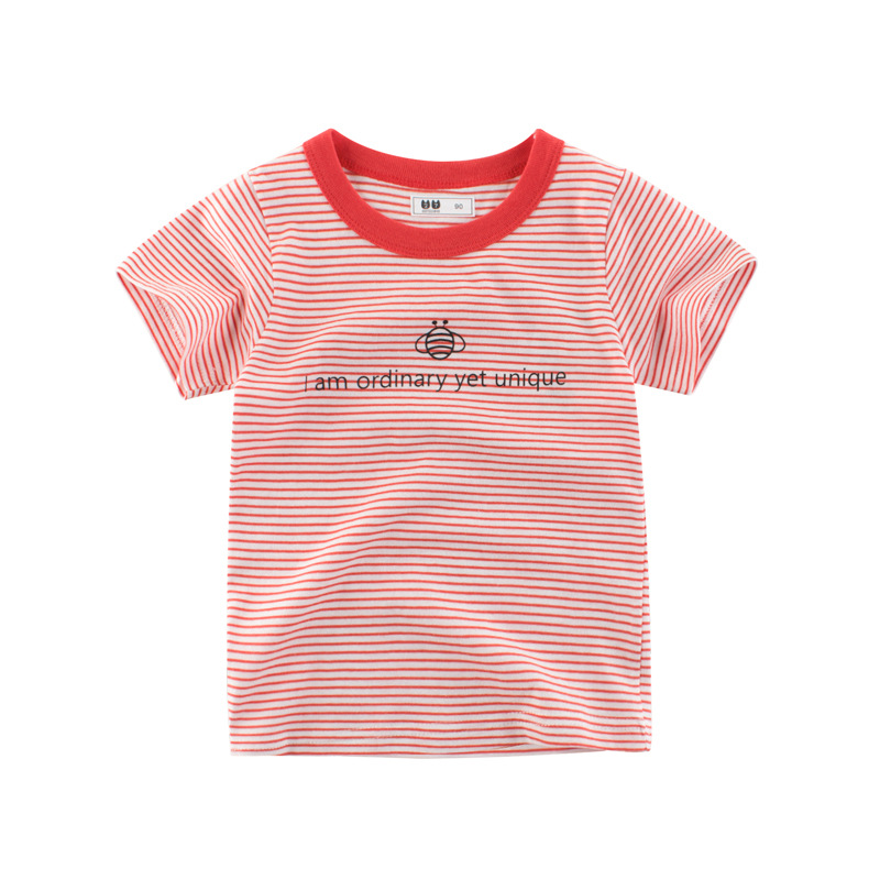 Ropa para niños de estilo coreano Nueva Camiseta de manga corta para niños de verano 2023 a rayas con cuello redondo superior ropa para niños al por mayor