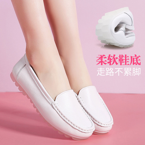 Women's Soft Sole Autumn/Winter Leather Hospital Shoes with Heel Pads, Heated, New Korean Style Flat Platform Wedge Shoes with Warm Liner, Light Opening Nurse Shoes