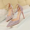283-16 Korean version Sweet High Heels Slim Heels High Heels Shallow Notched Pointed Hollow Out One Line With Shiny Rhin