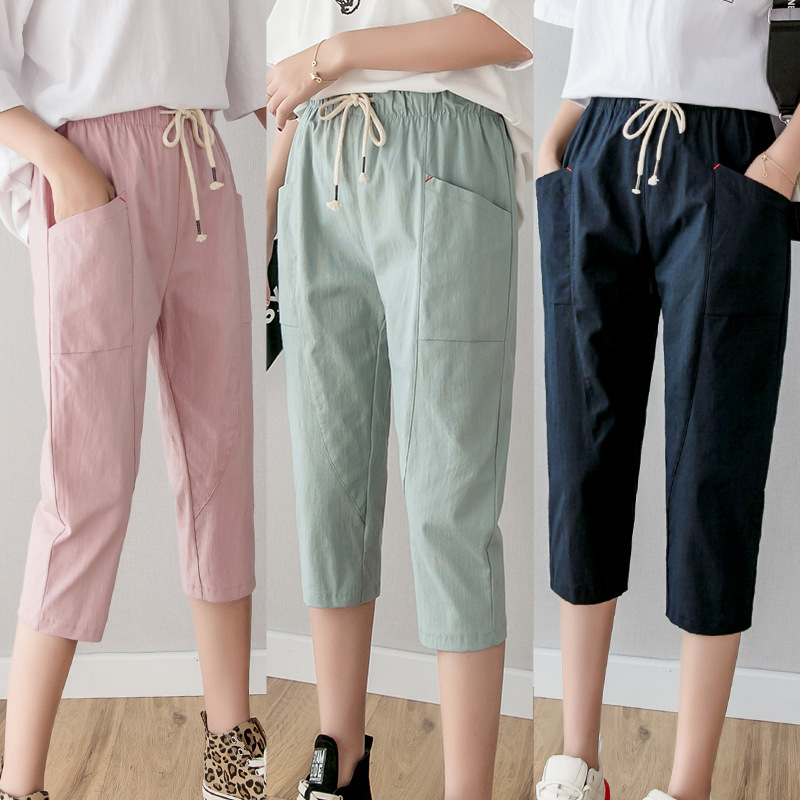 Cotton and Linen Cropped Trousers for Women Summer New Mid-High Waist Thin Sports Pants Women's Lace-Up Loose Casual Trousers Wholesale