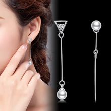 巧兰轩仿银韩国时尚女三角珠不对称珍珠耳钉饰修长脸型耳坠防过敏