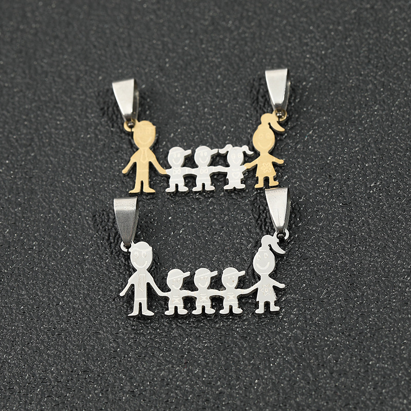 Promoción de liquidación de acero inoxidable joyería par brillante colgante familia serie dibujos animados familia colgante en stock