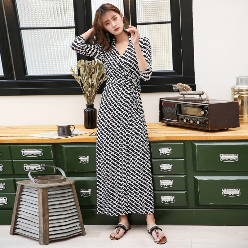 One-Piece Collared Chain Printed Slim Dress Women's Pg Dvf Wrap Skirt 2025 Summer New Style