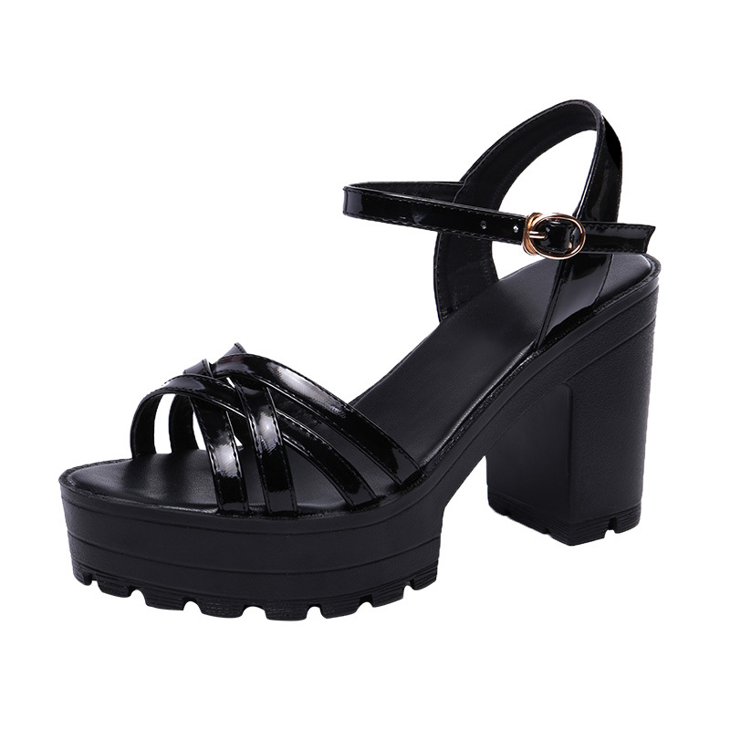 Sandal cao gót nữ hở mũi đế xuồng platform da bóng mũi nhọn gót dày — Màu đen, Màu trắng