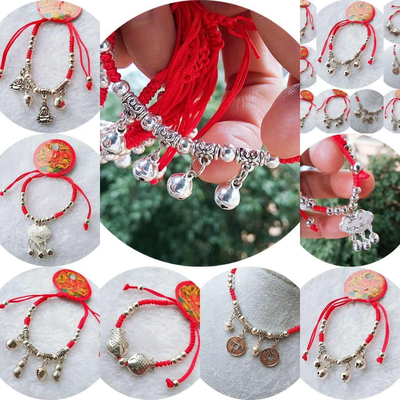 Woven Red Rope Bracelet, Miao/Tibetan Silver Alloy Charms, Ankle & Wrist, Multiple Styles