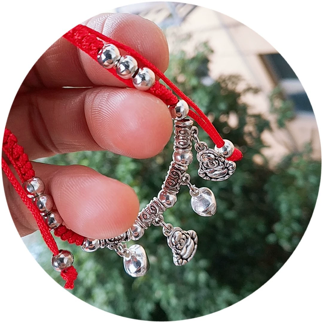 Woven Red Rope Bracelet, Miao/Tibetan Silver Alloy Charms, Ankle & Wrist, Multiple Styles