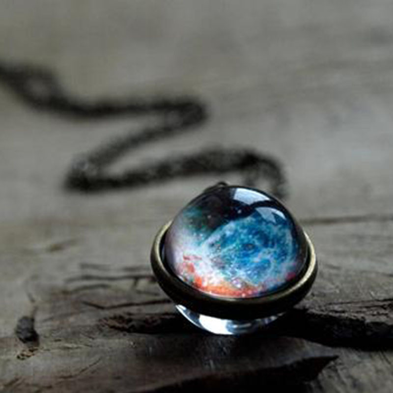 Universe Galaxy Nebula double-sided glass ball pendant necklace women's all-match retro sweater chain European and American jewelry wholesale