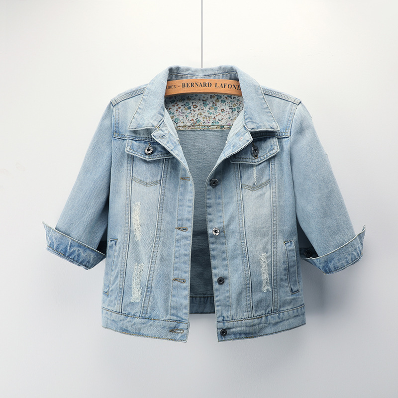 Foreign Trade Spring and Autumn Korean Style Short Slim-fit Washed Large Size New Arrival Seven-sleeve Lapel Denim Coat Women's Top Jacket