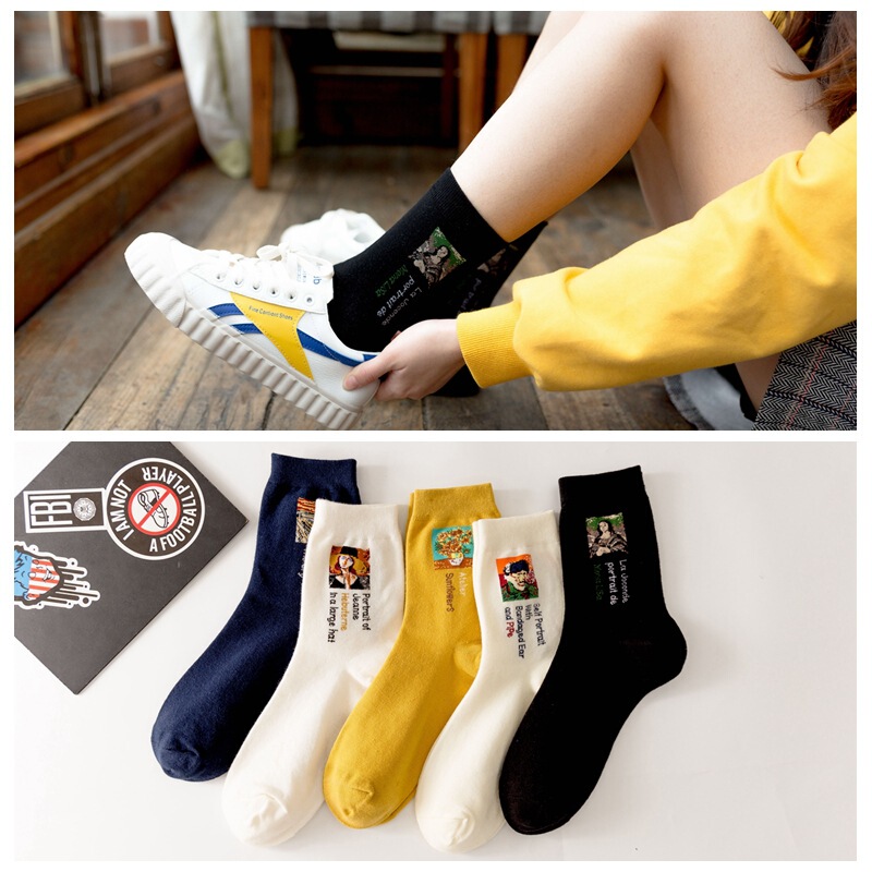 Combed Cotton Mid-Calf Women's Socks, Illustrated Women's Cotton Socks, High-Calf Socks, Retro Style Socks, Unisex Socks, Couple Socks Combed Cotton Mid-Calf Women's Socks, Illustrated Women's Cotton Socks, High-Calf Socks, Retro Style Socks, Unisex Socks, Couple Socks