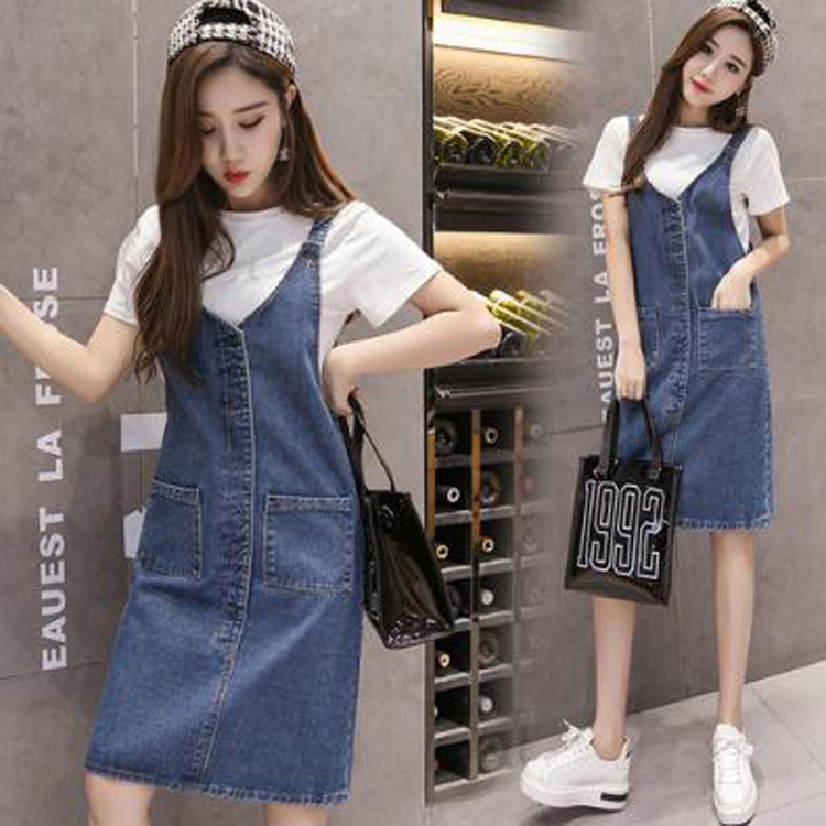 2025 Summer New Korean Style V-Neck Big Pocket Short Skirt Loose Slim Fashion Large Size Denim Dress Women's Clothing