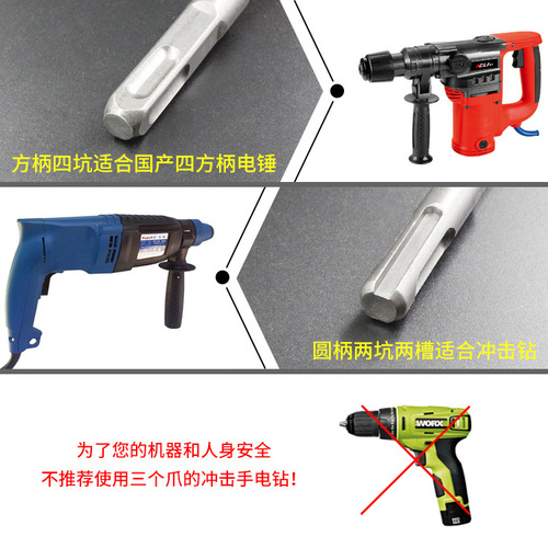 Round shank electric hammer drill bit, two pits and two grooves through the wall drill bit, concrete impact head, extended square shank with four pits